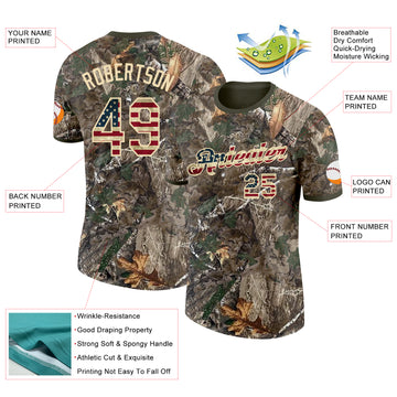 Custom Camo Vintage USA Flag Cream-Olive Woodland Camouflage Salute To Service Performance T-Shirt