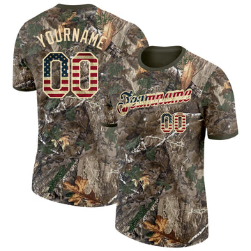 Custom Camo Vintage USA Flag Cream-Olive Woodland Camouflage Salute To Service Performance T-Shirt