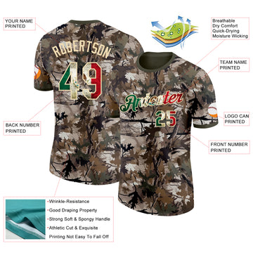 Custom Camo Vintage Mexican Flag Cream-Olive Woodland Camouflage Salute To Service Performance T-Shirt