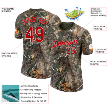 Custom Camo Red White Black-Olive Woodland Camouflage Salute To Service Performance T-Shirt