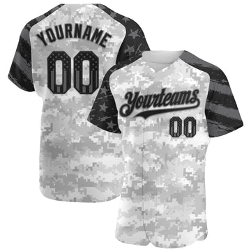 Custom Camo USA Flag Black-Steel Gray Stars & Stripes Raglan Sleeves Salute To Service Authentic Baseball Jersey