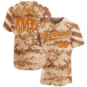 Custom Camo USA Flag Texas Orange Vegas Gold-Brown Stars & Stripes Raglan Sleeves Salute To Service Authentic Baseball Jersey