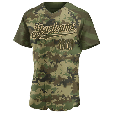 Custom Camo USA Flag Olive-Vegas Gold Stars & Stripes Raglan Sleeves Salute To Service Authentic Baseball Jersey