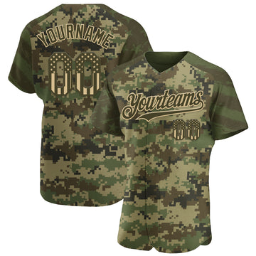 Custom Camo USA Flag Olive-Vegas Gold Stars & Stripes Raglan Sleeves Salute To Service Authentic Baseball Jersey