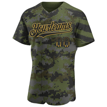 Custom Camo USA Flag Black Old Gold-Olive Stars & Stripes Raglan Sleeves Salute To Service Authentic Baseball Jersey