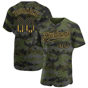 Custom Camo USA Flag Black Old Gold-Olive Stars & Stripes Raglan Sleeves Salute To Service Authentic Baseball Jersey