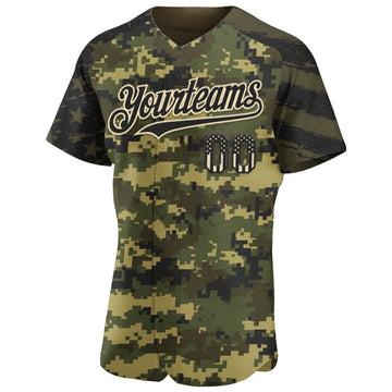 Custom Camo USA Flag Black City Cream-Olive Stars & Stripes Raglan Sleeves Salute To Service Authentic Baseball Jersey
