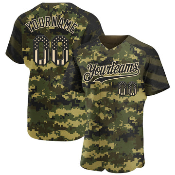 Custom Camo USA Flag Black City Cream-Olive Stars & Stripes Raglan Sleeves Salute To Service Authentic Baseball Jersey