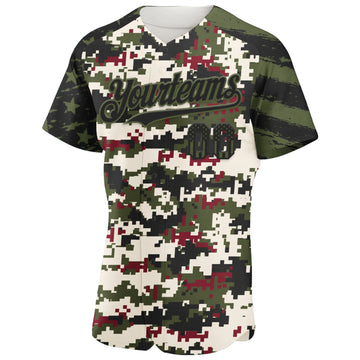 Custom Camo USA Flag Black-Olive Stars & Stripes Raglan Sleeves Salute To Service Authentic Baseball Jersey