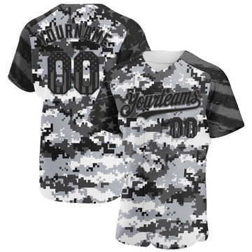 Custom Camo USA Flag Black-Steel Gray Stars & Stripes Raglan Sleeves Salute To Service Authentic Baseball Jersey