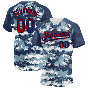 Custom Camo USA Flag Navy Red-US Navy Blue Stars & Stripes Raglan Sleeves Salute To Service Authentic Baseball Jersey