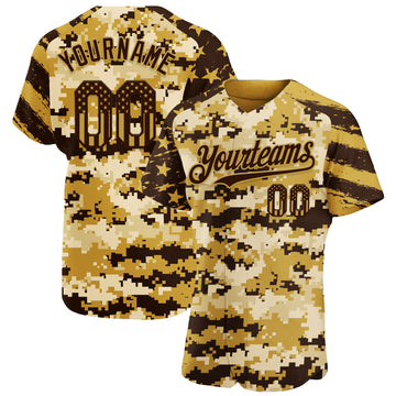 Custom Camo USA Flag Brown-Old Gold Stars & Stripes Raglan Sleeves Salute To Service Authentic Baseball Jersey
