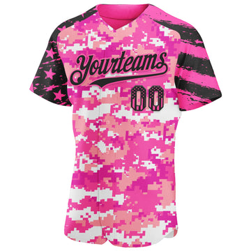 Custom Camo USA Flag Black-Pink Stars & Stripes Raglan Sleeves Salute To Service Authentic Baseball Jersey