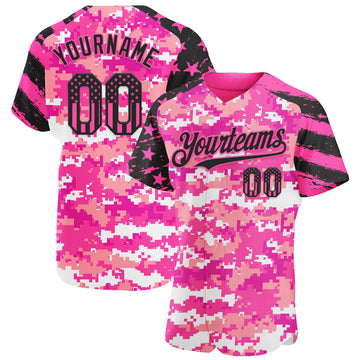 Custom Camo USA Flag Black-Pink Stars & Stripes Raglan Sleeves Salute To Service Authentic Baseball Jersey