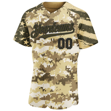 Custom Camo USA Flag Black Olive-Vegas Gold Stars & Stripes Raglan Sleeves Salute To Service Authentic Baseball Jersey