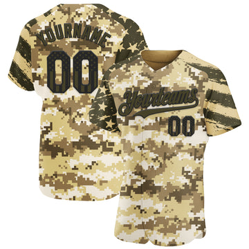 Custom Camo USA Flag Black Olive-Vegas Gold Stars & Stripes Raglan Sleeves Salute To Service Authentic Baseball Jersey