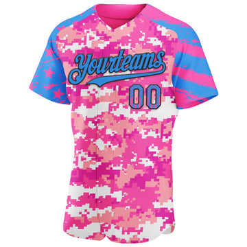 Custom Camo USA Flag Black Electric Blue-Pink Stars & Stripes Raglan Sleeves Salute To Service Authentic Baseball Jersey