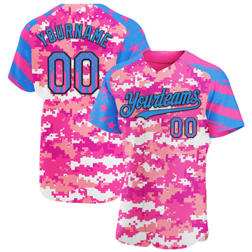 Custom Camo USA Flag Black Electric Blue-Pink Stars & Stripes Raglan Sleeves Salute To Service Authentic Baseball Jersey