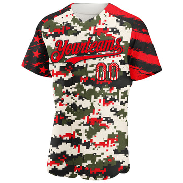 Custom Camo USA Flag Black-Fire Red Stars & Stripes Raglan Sleeves Salute To Service Authentic Baseball Jersey