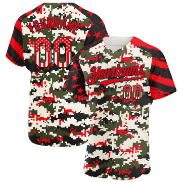 Custom Camo USA Flag Black-Fire Red Stars & Stripes Raglan Sleeves Salute To Service Authentic Baseball Jersey