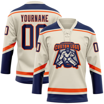 Custom Cream Navy-Orange Hockey Lace Neck Jersey