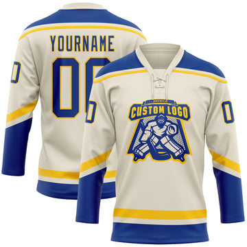 Custom Cream Royal-Yellow Hockey Lace Neck Jersey