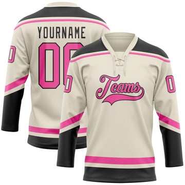Custom Cream Pink-Black Hockey Lace Neck Jersey