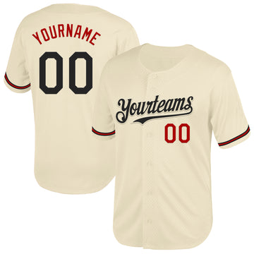 Custom Cream Black-Red Mesh Authentic Throwback Baseball Jersey