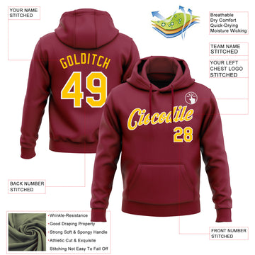 Custom Stitched Crimson Yellow-White Pullover Sweatshirt Hoodie