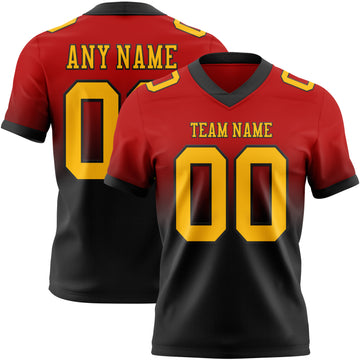 Custom Red Gold-Black Mesh Authentic Fade Fashion Football Jersey