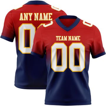 Custom Red White Navy-Gold Mesh Authentic Fade Fashion Football Jersey