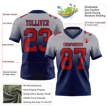 Custom Gray Red-Navy Authentic Fade Fashion Football Jersey