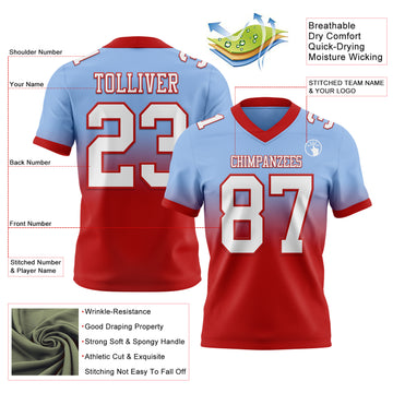 Custom Light Blue White-Red Mesh Authentic Fade Fashion Football Jersey