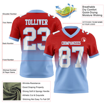 Custom Red White-Light Blue Mesh Authentic Fade Fashion Football Jersey