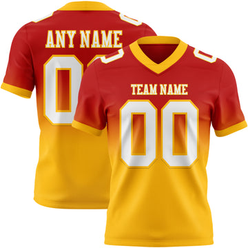 Custom Red White-Gold Mesh Authentic Fade Fashion Football Jersey