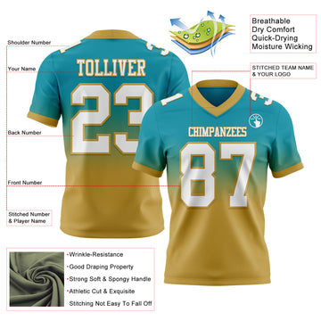Custom Teal White-Old Gold Mesh Authentic Fade Fashion Football Jersey