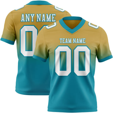 Custom Old Gold White-Teal Mesh Authentic Fade Fashion Football Jersey