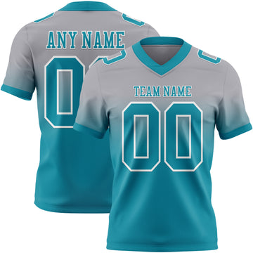 Custom Gray Teal-White Mesh Authentic Fade Fashion Football Jersey