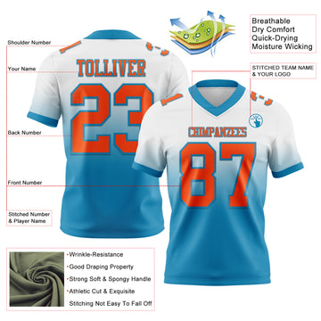 Custom White Orange-Panther Blue Mesh Authentic Fade Fashion Football Jersey