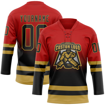 Custom Red Black-Old Gold Fade Fashion Hockey Lace Neck Jersey