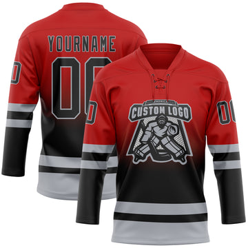 Custom Red Black-Gray Fade Fashion Hockey Lace Neck Jersey