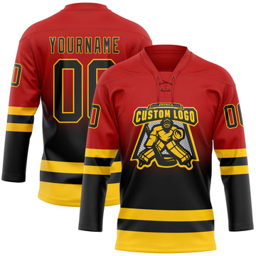 Custom Red Black-Yellow Fade Fashion Hockey Lace Neck Jersey