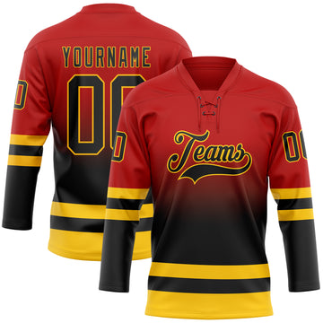 Custom Red Black-Yellow Fade Fashion Hockey Lace Neck Jersey