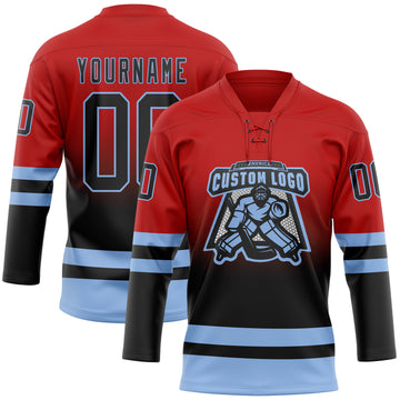 Custom Red Black-Light Blue Fade Fashion Hockey Lace Neck Jersey