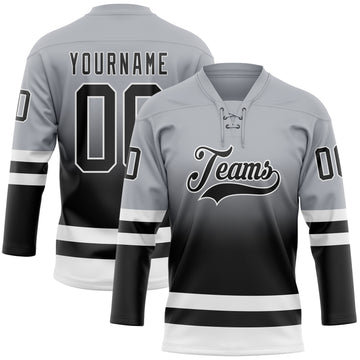 Custom Gray Black-White Fade Fashion Hockey Lace Neck Jersey