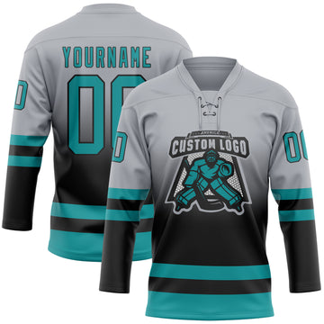 Custom Gray Teal-Black Fade Fashion Hockey Lace Neck Jersey