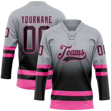 Custom Gray Black-Pink Fade Fashion Hockey Lace Neck Jersey