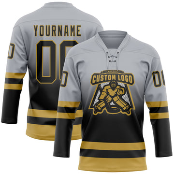 Custom Gray Black-Old Gold Fade Fashion Hockey Lace Neck Jersey