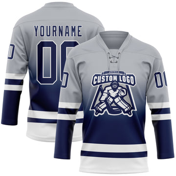 Custom Gray Navy-White Fade Fashion Hockey Lace Neck Jersey
