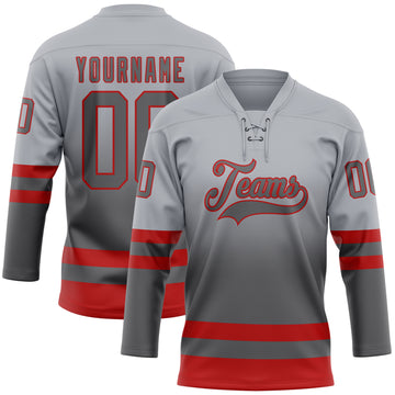 Custom Gray Steel Gray-Red Fade Fashion Hockey Lace Neck Jersey